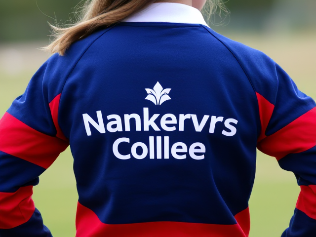 a teen girl wearing a school rugby jumper in the colours blue red and white. The white logo in front should read Nankervis College and on the back in white it says grade 6 class of 2025