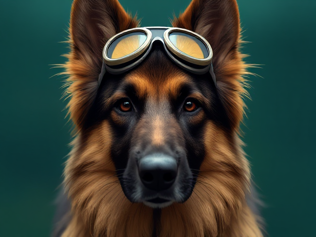 A long haired German shepherd wearing diving goggles