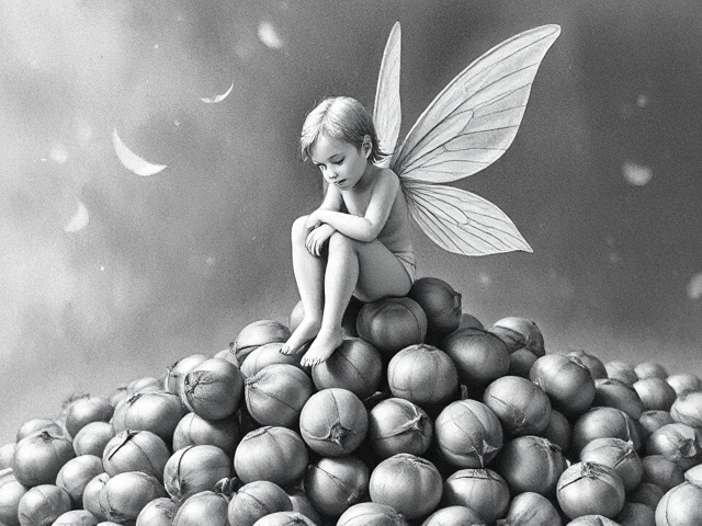 Fairy sitting on a pile of unshelled hazelnuts