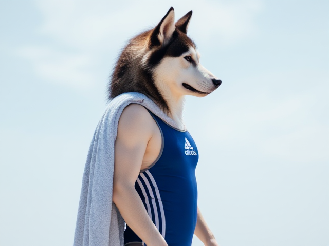 A tall anthropomorphic Siberian husky wearing an adidas swimsuit drying off with a towel