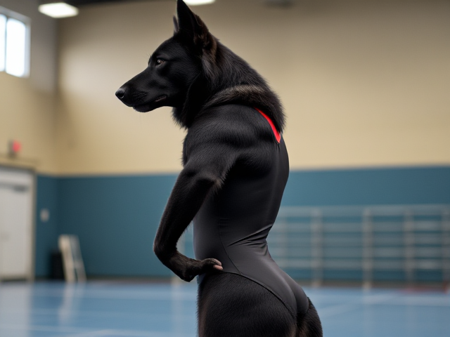 Anthropomorphic black German shepherd wearing a gymnastics leotard, posing with emphasis on its hips in a gymnasium setting, detailed and vibrant colors