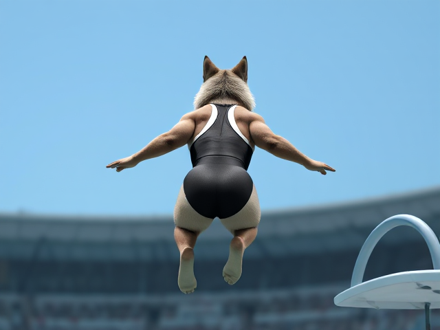 A anthropomorphic wolf Olympic diver wearing a high-cut one piece swimsuit jumping off a springboard