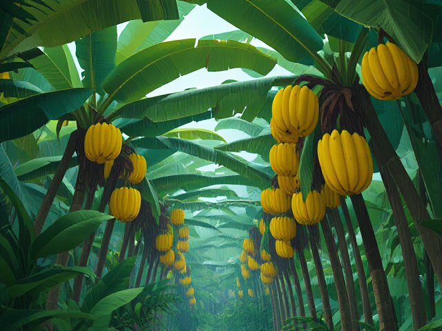 illustrative cartoon style like Disney 1980's art. A lush vast tropical forest with banana trees bearing ripe bananas hanging naturally. It's raining.