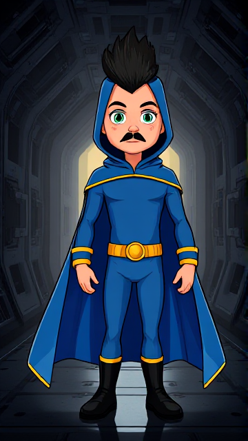 Dramatic Cartoon Comic Book scene: A preteen 12-year old boy with light skin and freckles on his cheeks named Kyle Lipton, but transformed into a mysterious cosmic superhero named Dr. Dimensionpants, who, despite still being a kid, has an extremely muscular body. He wears a tight blue hood outlined by a yellow line that covers the back half of his head and leaves his ears exposed, with a smooth, slicked back black mohawk on top. He also wears a sleek blue bodysuit outlined with yellow lines on the cuffs of the sleeves and pants, a golden belt with a circular buckle, black boots, and a really big, heel-length long, ultra-wide blue cape with a really big collar outlined with yellow lines wreathed around his neck held up by a golden button. The pupils in his eyes are green, and he has a long black twin moustache, which help protect his true identity in this form. He also has incredible, invincible, and cosmic superpowers flowing through his veins. He is currently standing in a dark, abandoned space station in outer space, trying to figure out what's haunting it.