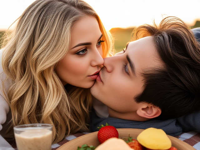 Naturally beautiful sunkissed smooth skinned female with Long messy waved blonde hair, perfect makeup and contour, and captavating blue eyes, long thick lashes, natural shaped eyebrows, nude tint gloss lips with lip outline with her husband who has dark hair with green eyes sharing a strawberry kiss wearing style  hoodies,laying,on a picnic blanket,with a picnic spread,sunset couple