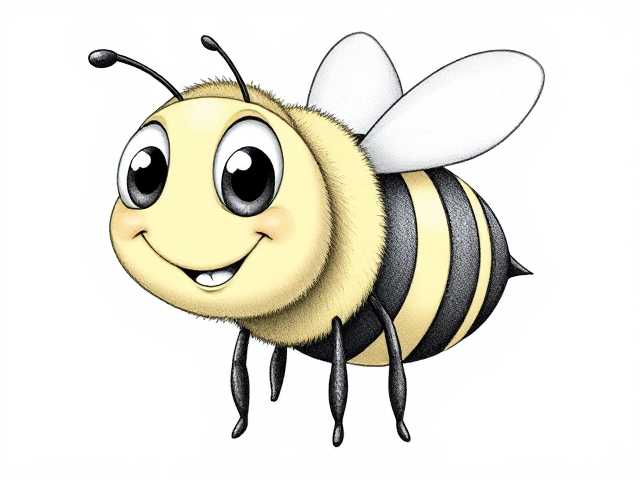 A high-quality, cartoon-style bee with large, expressive eyes, a friendly smile, and small wings. The bee's body should be round and slightly fluffy with visible stripes. The design features smooth, clean, bold outlines, suitable for a children's coloring book. The wings should be slightly raised, and the bee's antennae are curved playfully. Full body shown, with the bee in a standing or flying pose. Plain white background. No shading or colors, with lines thick enough for easy coloring.