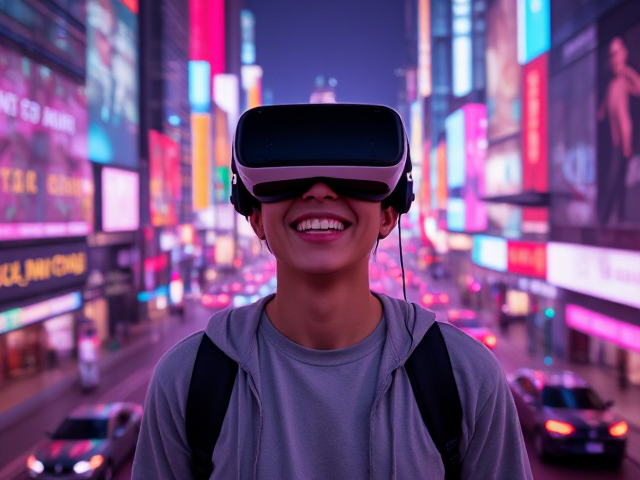 A joyful person wearing a futuristic VR headset, standing in a vibrant, neon-lit cityscape filled with holographic displays and flying cars, mid-shot with a slight upward angle to emphasize the vastness of the virtual world, in a highly detailed cyberpunk style, with dynamic lighting that creates a lively and exciting atmosphere
