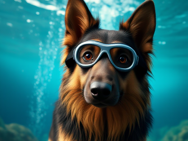 A long-haired German Shepherd wearing swimming goggles underwater