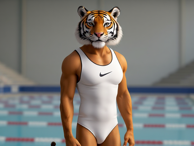 A tall and lean anthropomorphic tiger with a long torso and broad shoulders, wearing a high-cut Nike one piece swimsuit, while standing next to a Olympic swimming pool