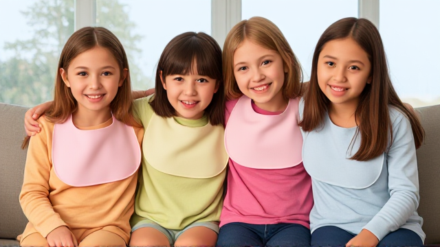 Quatre filles adolescentes aux cheveux lisses et dégagé et de différentes couleurs a l'avant assis dans un canapé avec des très grands Bavoirs simple de différentes couleurs  et des tétines en bouches elles sont en tee-shirts manches longues de différentes couleurs que les Bavoirs et ont des et elles se font un gros câlin et il y a une grande fenêtre derrière le canapé