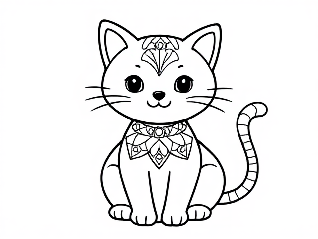 Create a simple black-and-white coloring page featuring a cute little cat designed in a sketch style. The cat should be illustrated as a full-body outline in a mandala style, ensuring it appears playful and approachable for young children aged 2 to 4. Design the cat with basic,friendly features, emphasizing a round body incorporating . Include a friendly expression to enhance its inviting character.