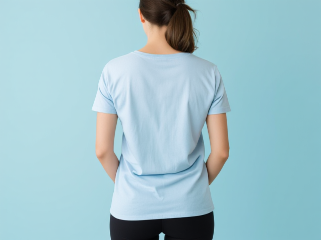 Brunette wearing a light blue t shirt and black yoga pants