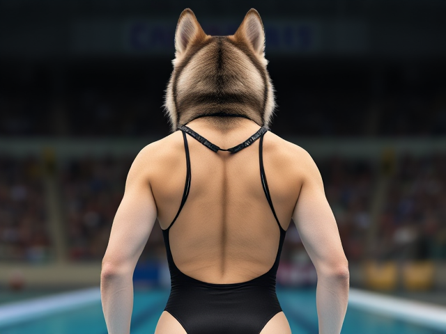 A anthropomorphic Siberian husky Olympic swimmer wearing a sportback swimsuit