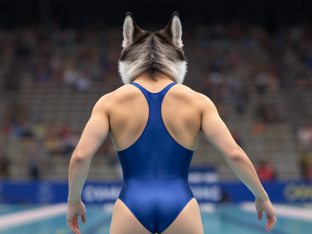 A anthropomorphic Siberian husky Olympic swimmer wearing a sportback swimsuit