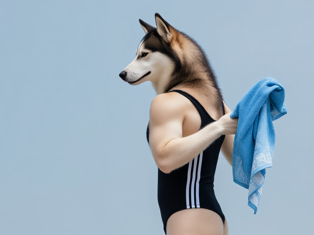 A tall anthropomorphic Siberian husky wearing an adidas swimsuit drying off with a towel