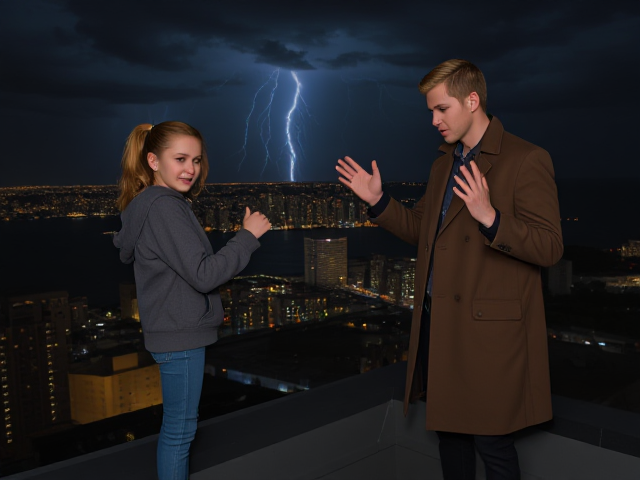 A petite 13-year-old girl with strawberry blonde hair in a ponytail, wearing a hooded pullover and jeans, is standing on the roof ledge of a night club. Next to her on the roof, standing nearby is a modern-day, pale skinned vampire in his late twenties, with blonde hair, dressed in a brown trench coat and jeans. He appears uneasy as he looks at her, holding his hands out and palms up, taking a step back. The girl gestures angrily at him with her hands, flailing her arms and with a scowl on her face. at him in frustration. A thunderstorm approaches the cityscape from the sea shore. Set at night. The girl has a cut in her forehead.