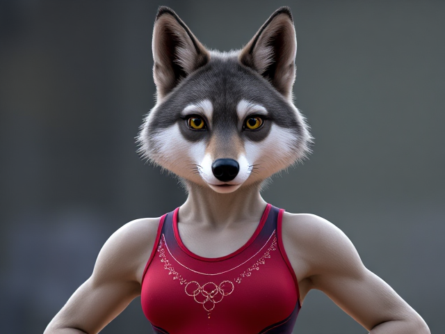 A anthropomorphic gray wolf Olympic gymnast wearing a leotard