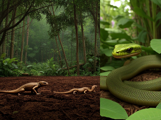 A detailed split-scene 3D illustration showing the evolution of snakes over time. On the left side, depict a lush prehistoric jungle with a small, four-legged ancient lizard crawling on forest soil. In the center, show transitional forms of the creature — legs shrinking, body elongating, slithering motion developing. On the right side, show a modern snake like a green anaconda or cobra in its natural habitat (jungle or swamp), showcasing heat-sensing pits, forked tongue, and smooth, flexible body. Add soft lighting, environmental realism, subtle time-lapse transition effect between stages. Educational yet cinematic style, 3D semi-realistic, detailed textures, rich natural colors,