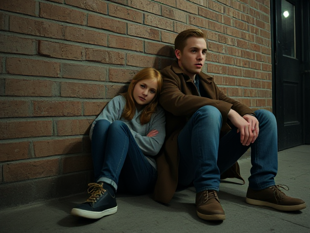 a petite, 13-year-old girl with strawberry blonde hair, wearing jeans and a hooded pullover, sits slumped with her back against a brick wall, feet forward, legs outstretched. Next to her sits a modern-day male vampire, 28 years old, with pale skin and blonde hair, dressed in jeans and a brown trenchcoat. The vampire is slumped against the wall as well, feet forwards, legs outstretched. The girl has a forlorn look and rests her head on the vampire's shoulder. Set at night in an abandoned warehouse, in a holding room with no windows. The vampire is roughed up from a fight. Both have their backs against the wall. 
The vampire looks straight ahead, worried.. they're in a locked room. Seen through a window in the door.