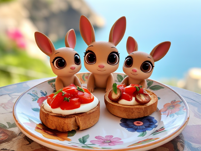 3 Colorful, floral ceramic plate with una bruschetta pomodorro e mozzarella. Location: Terrace in Sicily.