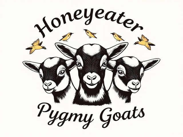 Draw a logo with three baby goats' faces and three honeyeater birds flying around them with the word "Honeyeater" above the goats and "Pygmy Goats" below the goats. Text is arched and cursive.