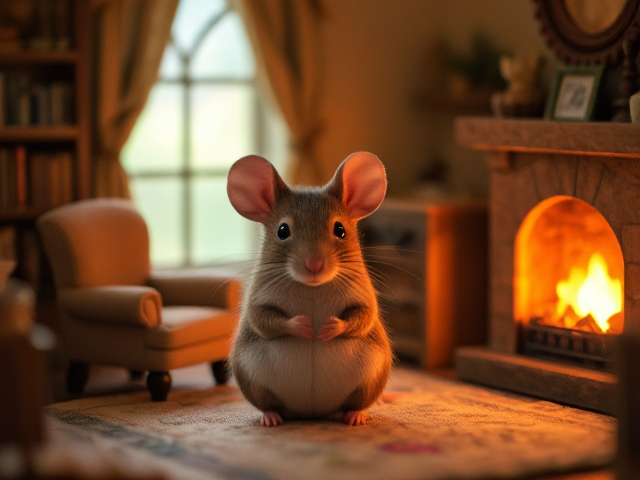 Mouse sitting in a cozy, warmly lit room with a small fireplace, surrounded by tiny furniture like a miniature armchair and bookshelf, decorated with soft textiles and warm colors