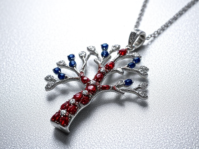 painite tree pendant necklace, intricately crafted with exquisite detail, shimmering silver surface, the trunk and branches are made from rare red painite and deep blue sapphires, creating a striking pattern like a candy cane, dazzling diamonds elegantly set as leaves glistening in light, sophisticated and luxurious design, soft ambient lighting highlighting every aspect of craftsmanship, macro focus capturing every facet and sparkle in high resolution, elegant branches extending gracefully from the trunk with meticulous precision