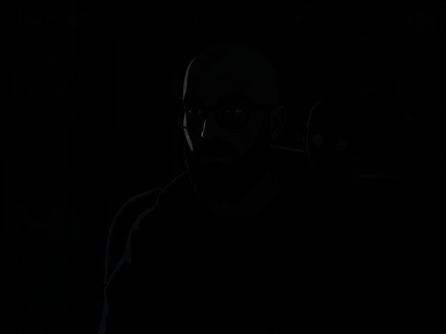 A animated image in the style of telltale walking dead,  a silhouette of a young bald Muslim man with a bushy beard and wearing black-framed eyeglasses is seen sitting in a dark lit room surrounded by darkness with a separate shadow entity clinging to his shoulders only having grey eyes and on the body the entity has the word Depression on it.