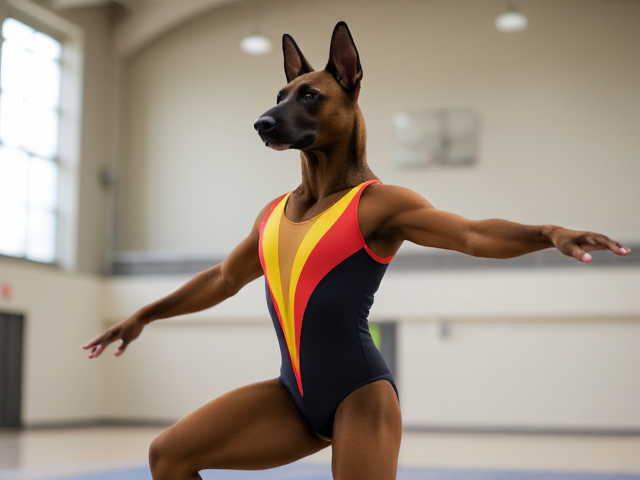 Anthropomorphic Belgian Malinois wearing a colorful gymnastics leotard, performing in a well-lit gymnasium, dynamic pose, detailed fur and fabric textures