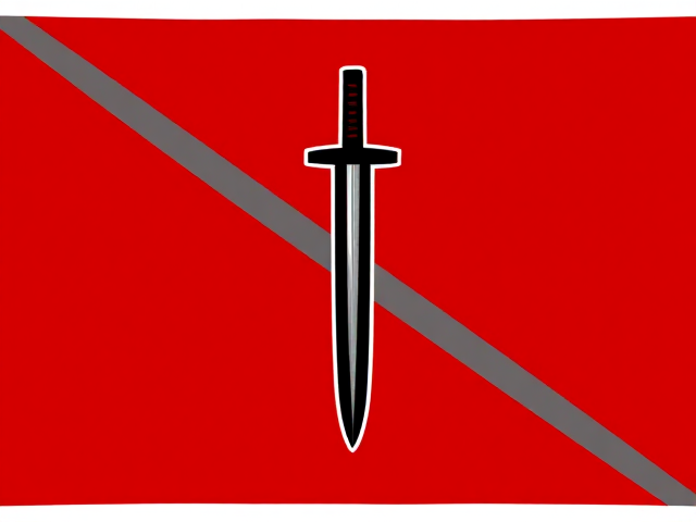 Drapeau rectangulaire avec un fond rouge foncé uni.
Au centre, un katana stylisé, cassé en deux parties verticalement alignées mais légèrement décalées, avec un fin contour gris clair autour du sabre pour le faire ressortir, sans liseré blanc.
Le sabre doit avoir une forme courbée caractéristique d’un katana (pas une épée droite), avec une lame simple et une poignée minimaliste.
Une large bande diagonale gris acier traverse le drapeau de bas gauche vers haut droit, passant derrière le sabre.
Le style global est simple, moderne et minimaliste, avec une atmosphère sombre et menaçante.