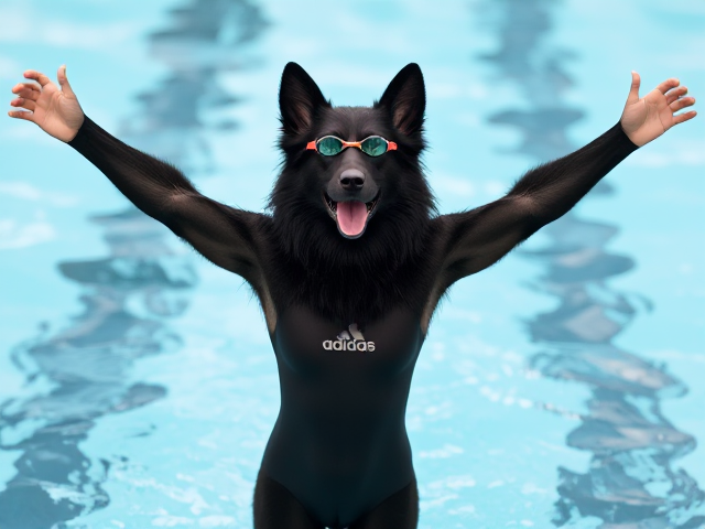 A tall anthropomorphic long haired black German shepherd wearing an adidas swimsuit and swimming goggles stretching her arms out straight into the air before a swim