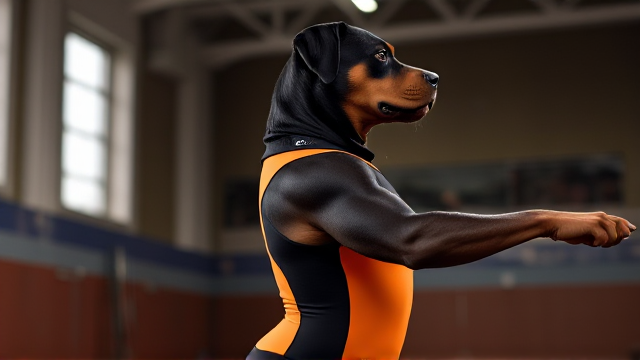 Anthropomorphic Rottweiler wearing a vibrant gymnastics leotard, posing dynamically in a gym setting, detailed fur texture and realistic lighting