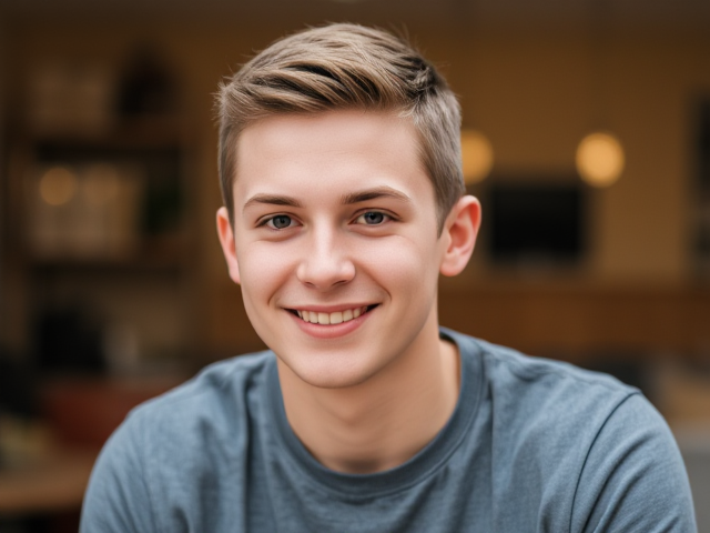 Clean cut, short haired nerdy twenty-something smiling at the viewer