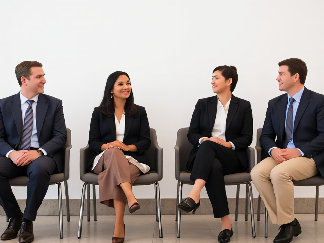 Six legal professionals sitting in a row of chairs and chatting amiably with each other. Three men and three women. Two men are Caucasian, one is African American. One woman is Hispanic, one is Asian, one is Caucasian. One woman is wearing a skirt, two are wearing pants. The men are wearing suits.