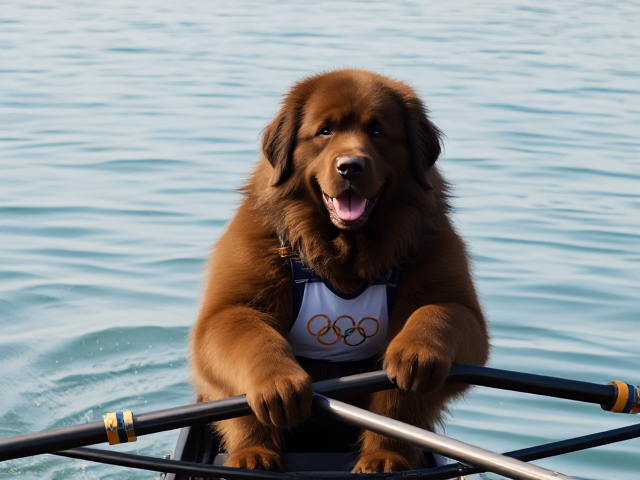 A anthropomorphic Newfoundland dog Olympic rower