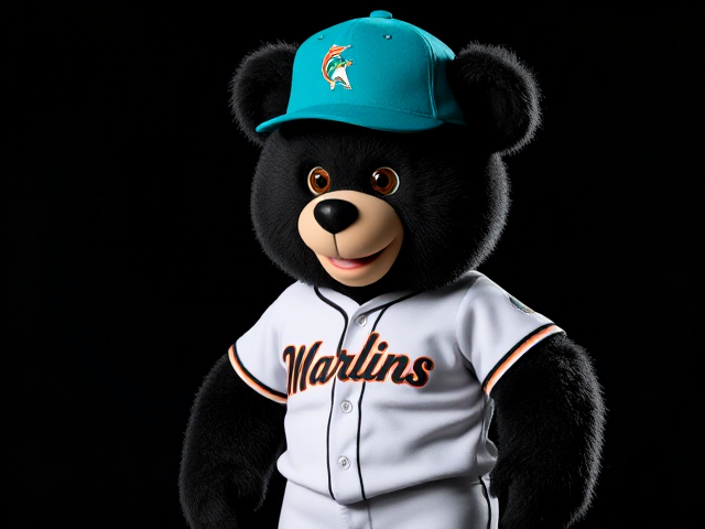 A tall built human teddy bear black fur brown eyes wearing a Marlins uniform teal hat with a marlin logo white baseball jersey with Marlins written across the front in teal and black white baseball pants with teal and black piping black socks teal cleats smiling