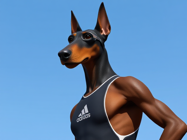 A tall anthropomorphic Doberman with a long torso and broad shoulders wearing a Adidas one piece swimsuit and swimming goggles
