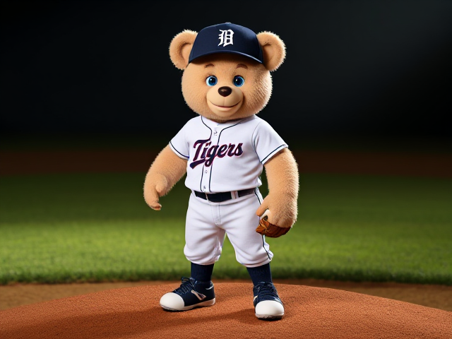 An athletic human teddy bear light coconut creme colored fur blue eyes wearing a tigers uniform navy hat white jersey white baseball pants navy socks navy cleats smiling wearing a navy baseball glove on his left hand standing on a pitchers mound