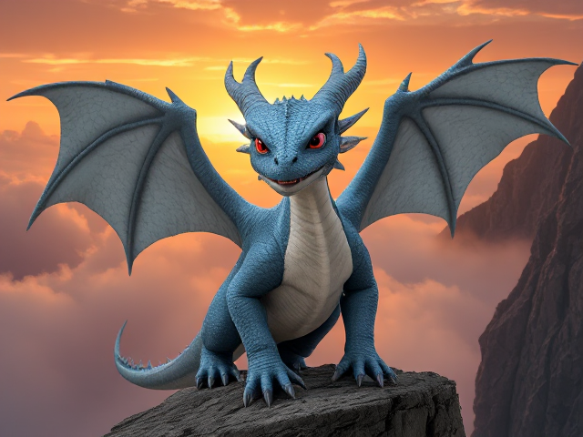 Young three-eyed with solid red eyes, sky blue-scaled, dragon with large, intricately detailed wings; shimmering white chest scales; adorned with multiple icicle-like horns on the head; surrounded by ethereal misty clouds; perched majestically on a rugged rocky cliff, illuminated by a dramatic sunset backdrop; maintains a serious facial expression; baring his teeth