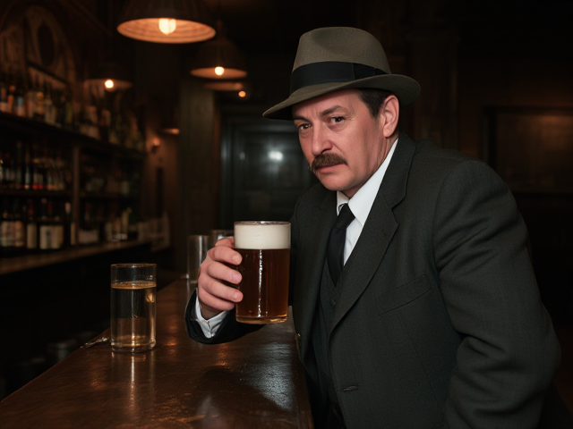 Realistic 1913 photo of a 55 year old, skinny German man, moustache, bowler derby hat, wearing suit, standing at the end of a dark wood bar drinking a mug of beer in an old darkened saloon at night.