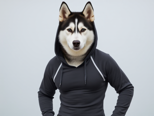 A anthropomorphic Siberian husky wearing a hoodie over a sports swimsuit