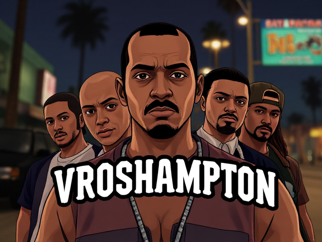 Design a poster inspired by the iconic GTA San Andreas loading screen style, replacing the title with 'VROSHAMPTON' in the exact GTA San Andreas font. The poster should reflect the same bold, comic-style visuals and include five characters similar to those seen in GTA San Andreas. Keep the characters subtle and slightly blurred in the background, while the focus remains on the text 'VROSHAMPTON.' Add soft film grain and cinematic lighting for realism, resembling the quality of a Panavision Panaflex camera from 80s movies. The backdrop should evoke a Los Santos (Los Angeles) urban street vibe, ensuring the design captures the essence of a GTA San Andreas poster.