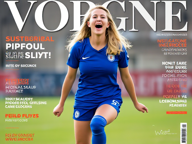 Beautiful forty-something blonde woman soccer player in blue uniform with blue thigh-high socks and knee pads howling in laughter on a magazine cover