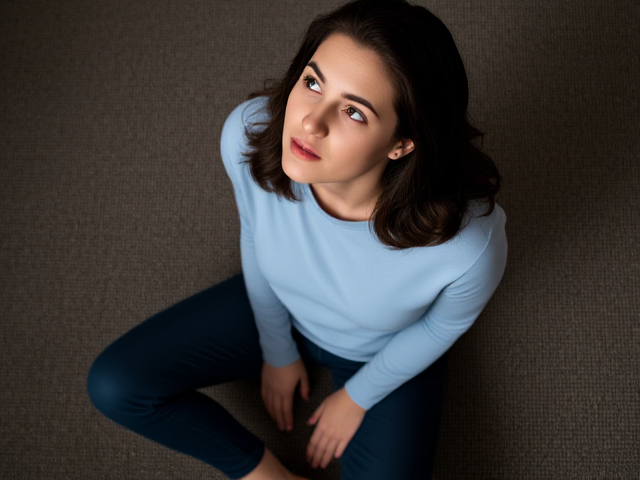 Brunette wearing a light blue long sleeve t shirt and dark blue jeans on her knees loooking up at something