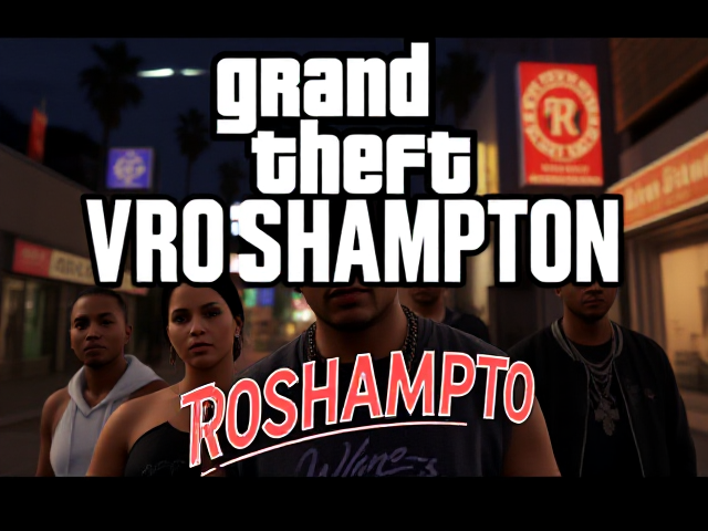 Design a poster inspired by the iconic GTA San Andreas loading screen style, replacing the title with 'VROSHAMPTON' in the exact GTA San Andreas font. The poster should reflect the same bold, comic-style visuals and include five characters similar to those seen in GTA San Andreas. Keep the characters subtle and slightly blurred in the background, while the focus remains on the text 'VROSHAMPTON.' Add soft film grain and cinematic lighting for realism, resembling the quality of a Panavision Panaflex camera from 80s movies. The backdrop should evoke a Los Santos (Los Angeles) urban street vibe, ensuring the design captures the essence of a GTA San Andreas poster.