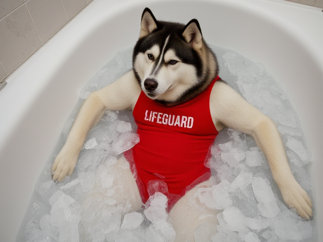 A anthropomorphic alaskan malamute with broad shoulders wearing a red lifeguard one piece swimsuit in a bathtub full of ice