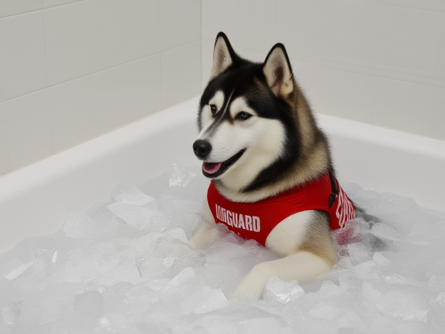 A anthropomorphic alaskan malamute  wearing a red lifeguard one piece swimsuit in a bathtub full of ice