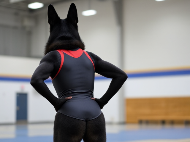 Anthropomorphic black German shepherd wearing a gymnastics leotard, posing with emphasis on its hips in a gymnasium setting, detailed and vibrant colors