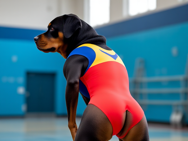 Anthropomorphic Rottweiler wearing a colorful gymnastics leotard, emphasizing its strong hips, in a vibrant gymnasium setting