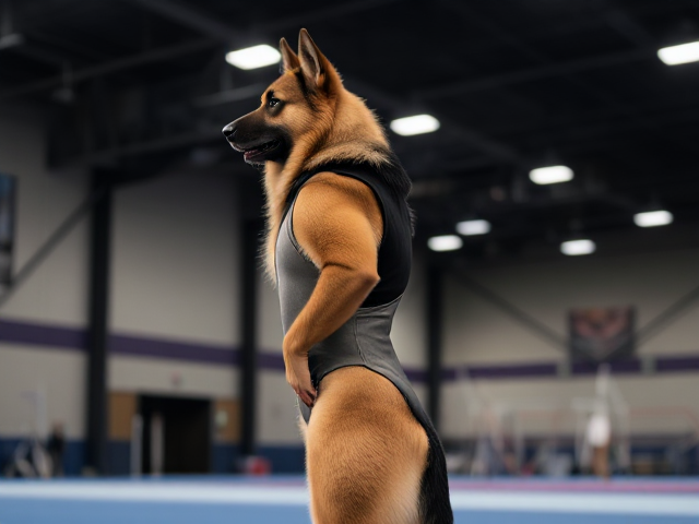 A anthropomorphic German shepherd with strong hips wearing a gymnastics leotard in a gymnastics center